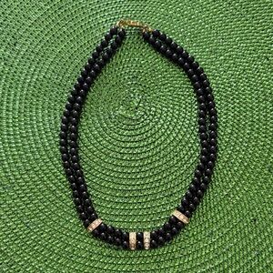 Vintage Black Beaded Necklace with Gold Accents